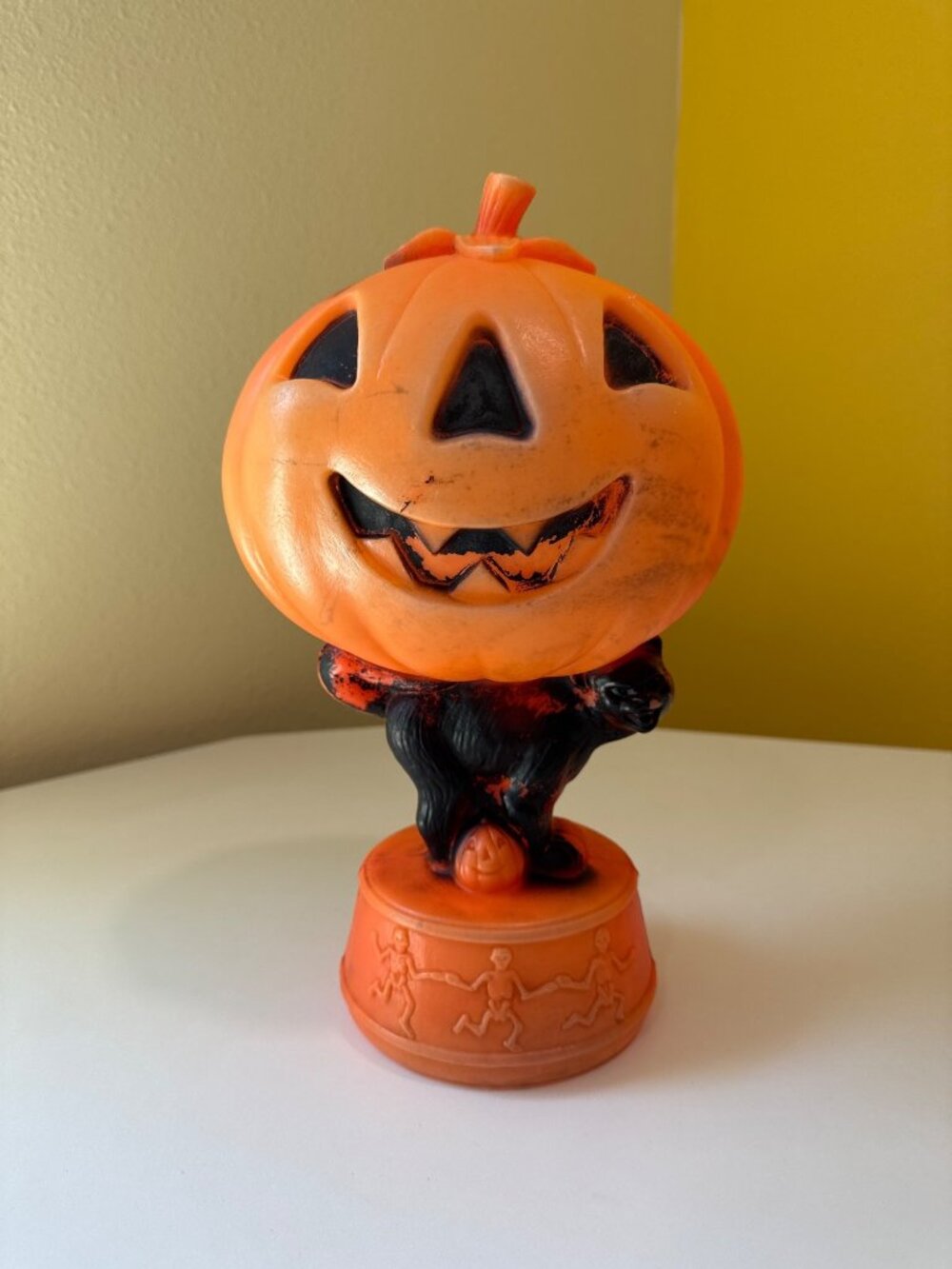 Vintage Halloween Pumpkin Blow Mold Decoration With Black Cat & Skeleton Base